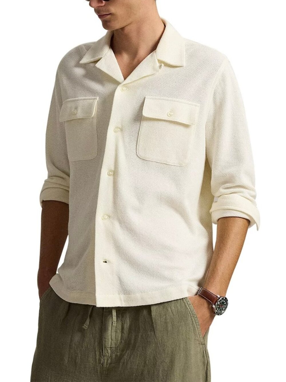 Polo Ralph Lauren Mens Standard Fit Honeycomb LS Camp Shirt Pale Cream MSRP 268